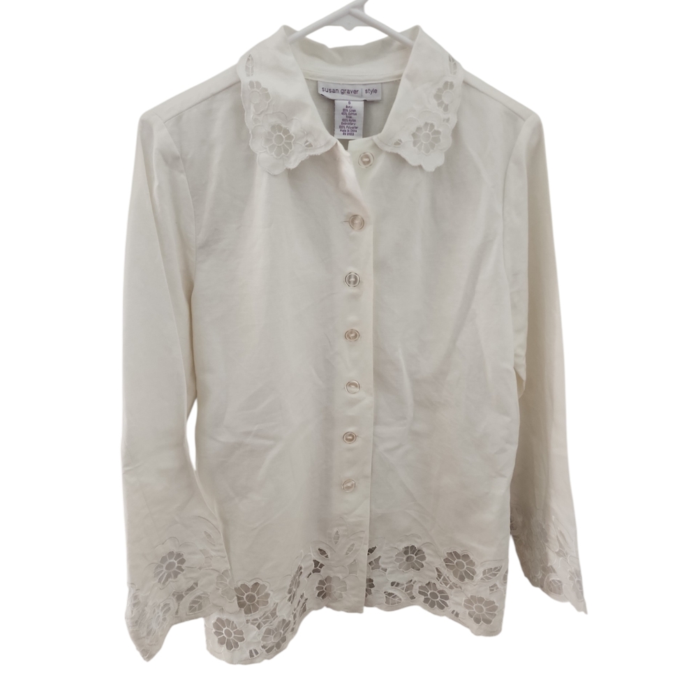 Susan Graver Cream Lace Collar Cottagecore Linen Blend Jacket - 8/M